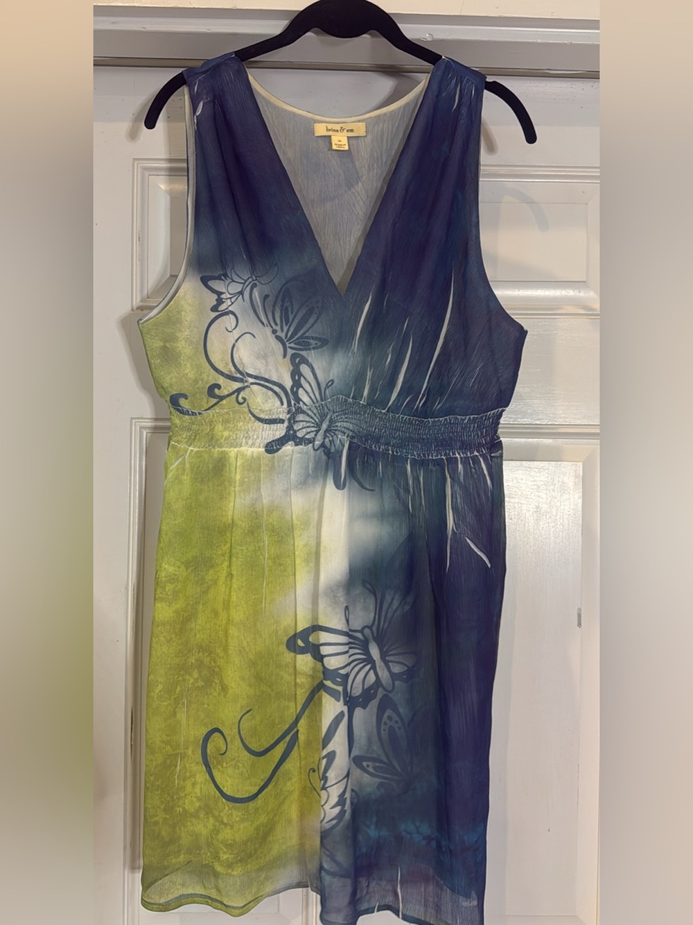 Sleeveless V-Neck Floral Butterfly Midi Dress - Blue & Lime